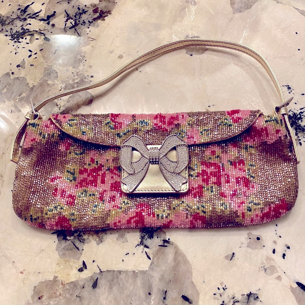 Vintage Valentino Gold Beaded Floral and Crystal Clutch